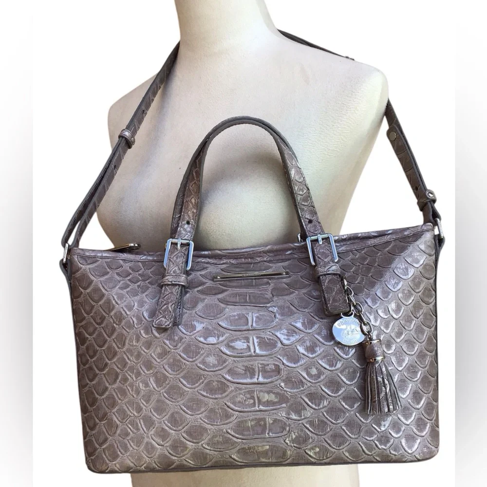 Brahmin Melbourne Mini Asher Satchel Bag in Gray Crocodile Embossed Leather